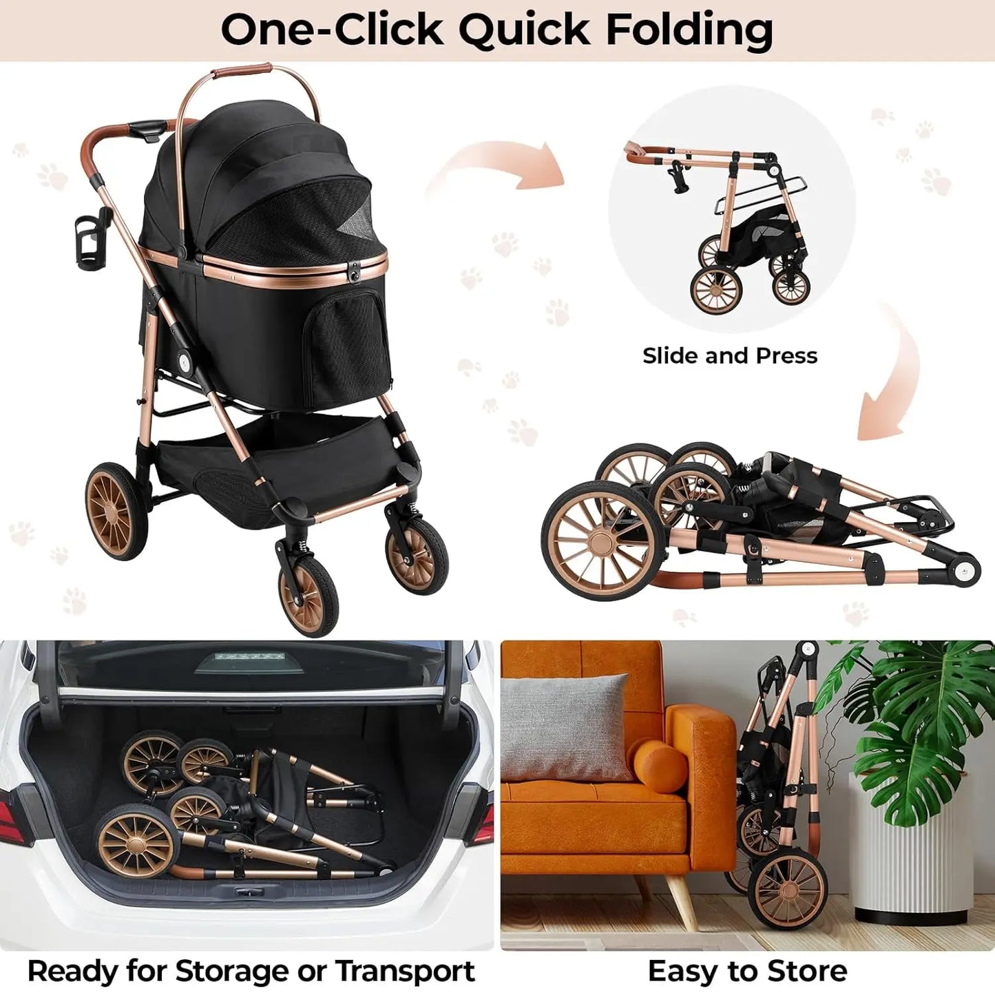 Foldable 2-in-1 Pet Stroller with Car Attachment
