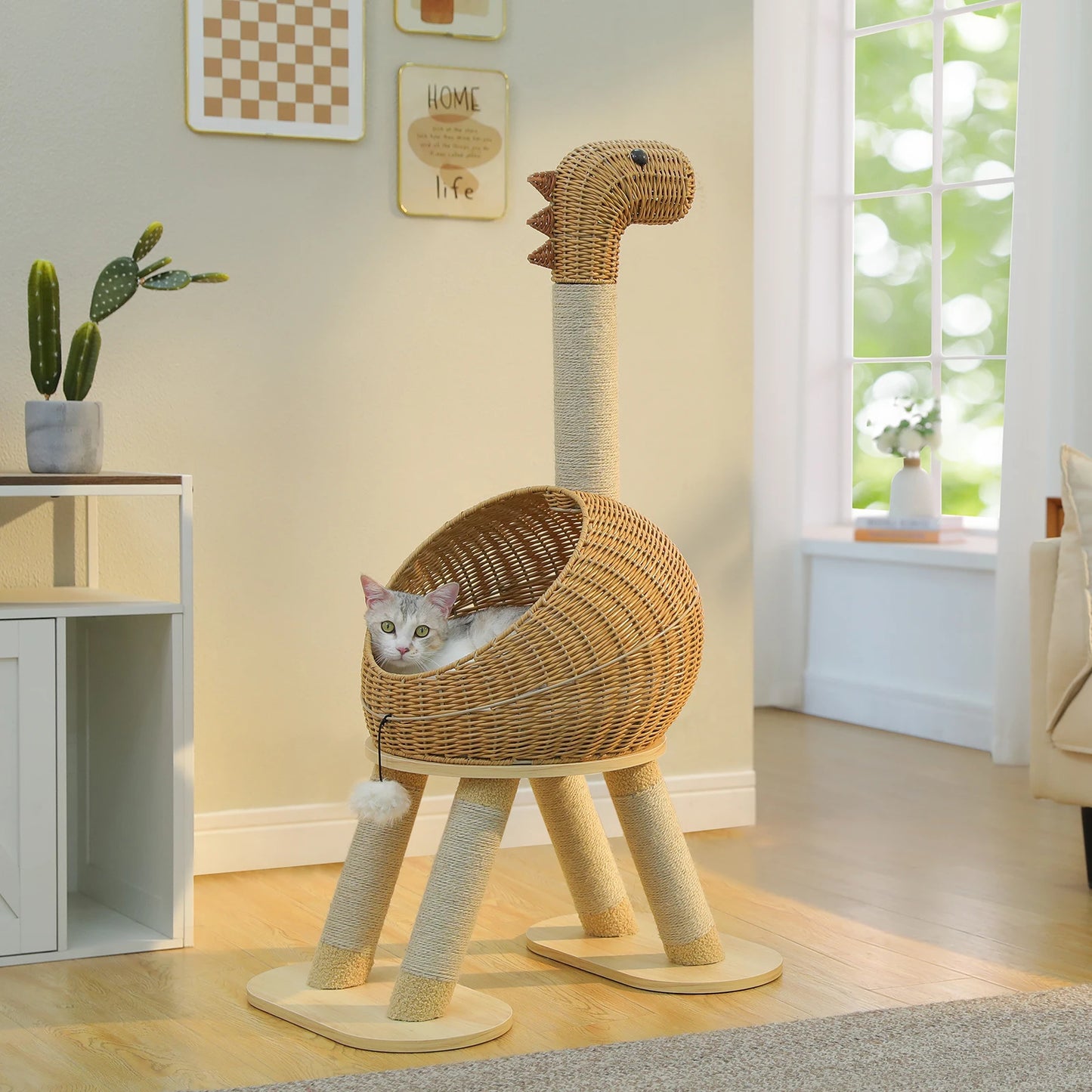 Dinosaur Cat Tree Tower with Rattan Condo & Toys