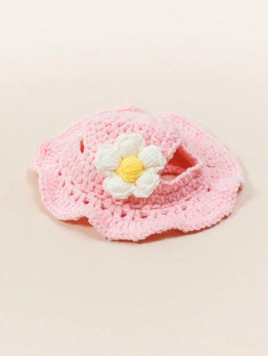 Knitted Pet Hat with Floral Trim – Cozy Beanie for Cats & Small Dogs