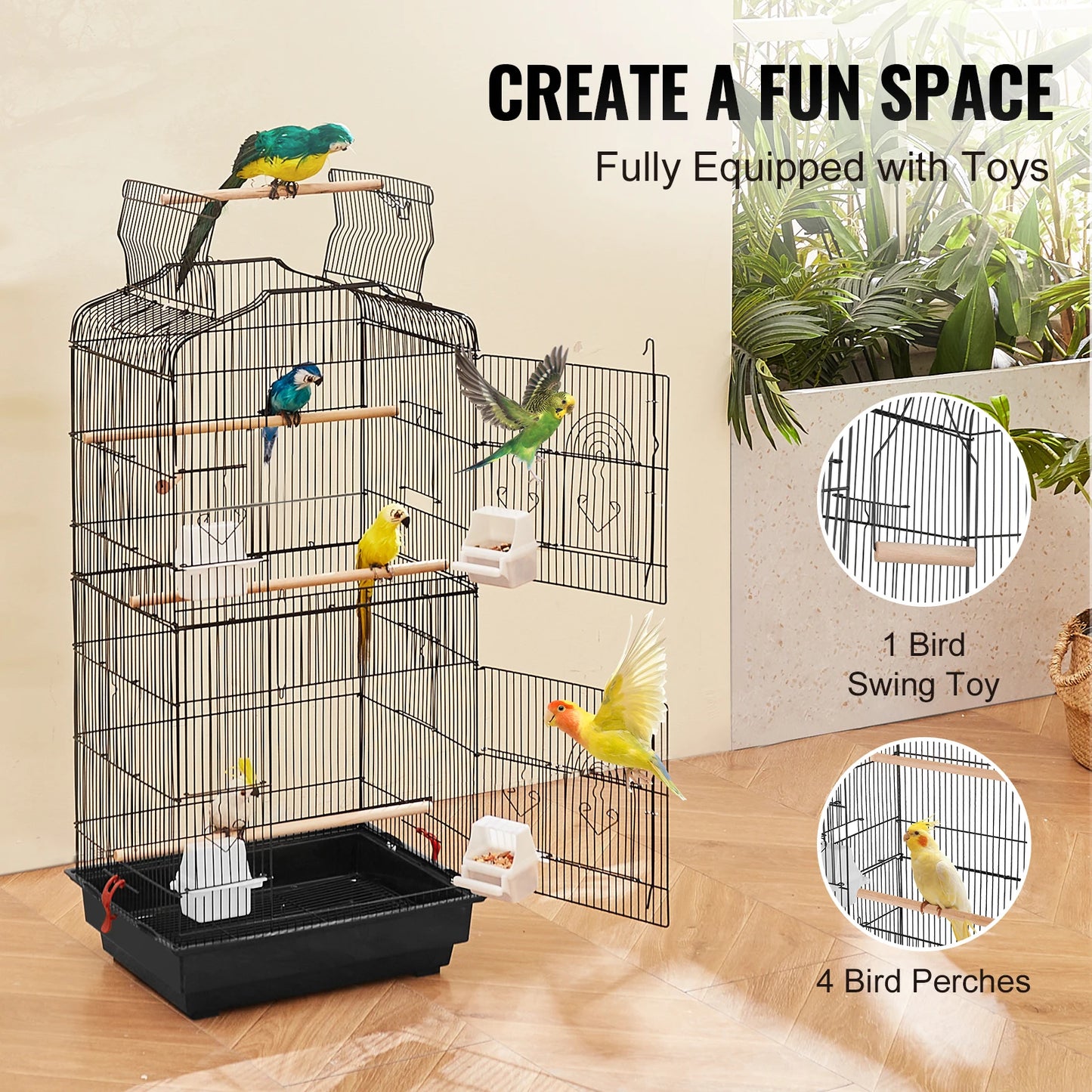 Large Open-Top Parrot Bird Cage with Swing & Perch