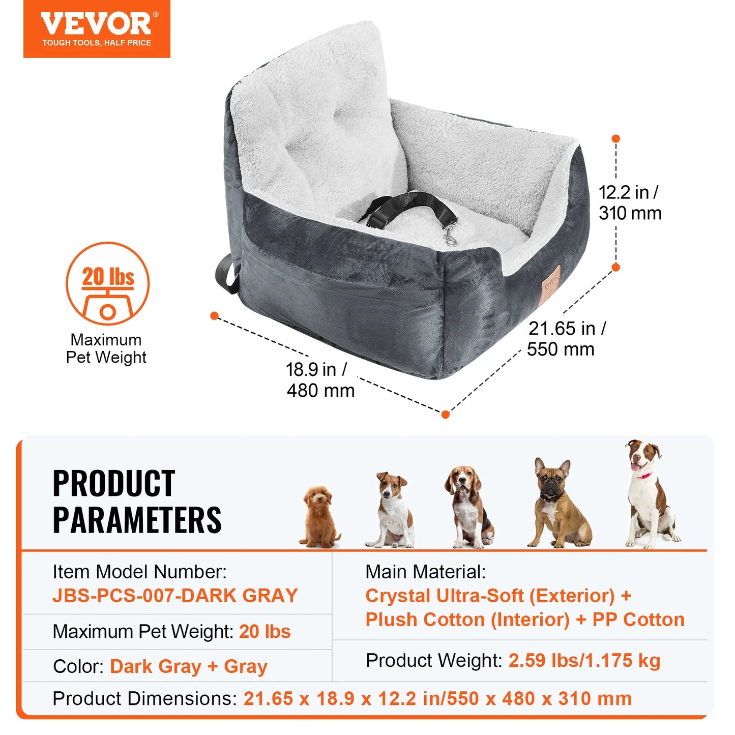 Waterproof Dog Car Booster Seat – PP Cotton Pet Car Bed with Clip-On Safety Leash for Medium & Large Dogs