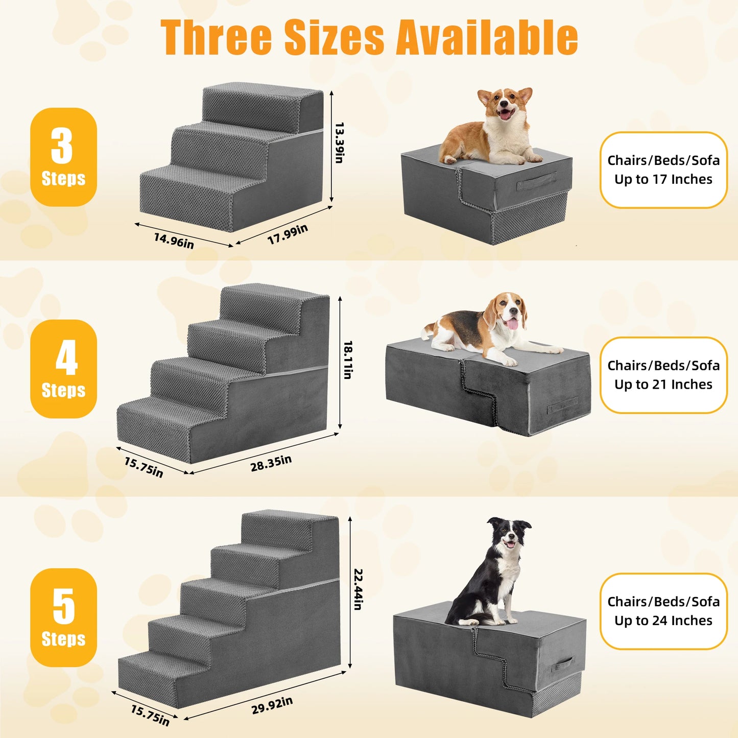 Foam Dog Stairs for Small Dogs – Non-Slip Indoor Pet Steps for Beds, Sofas & Couches, 3, 4 or 5 Step