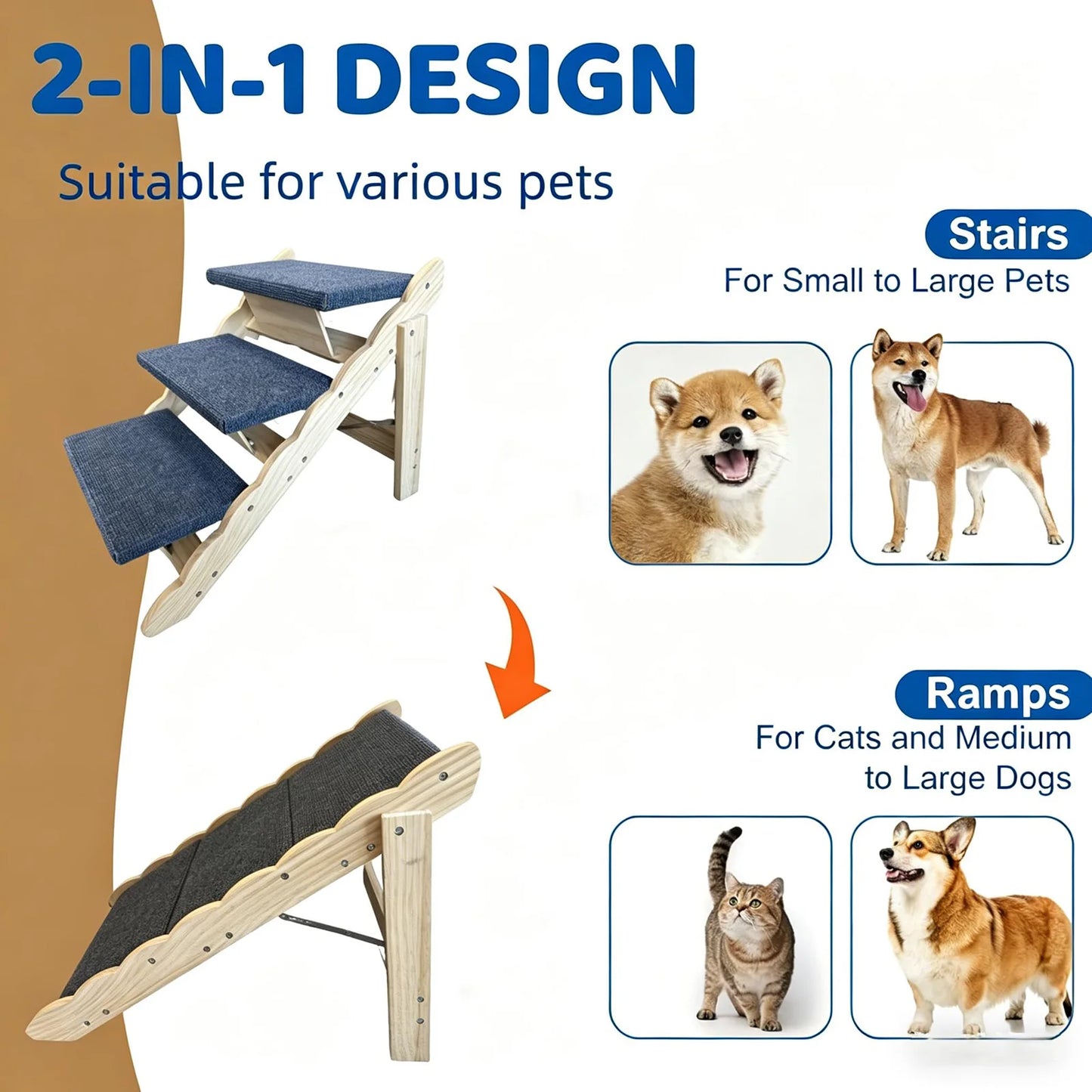 2-in-1 Wooden Pet Stairs & Folding Dog Ramp – Anti-Slip 3 or 4 Step Ladder for Dogs & Cats, Supports Up to 150 lbs
