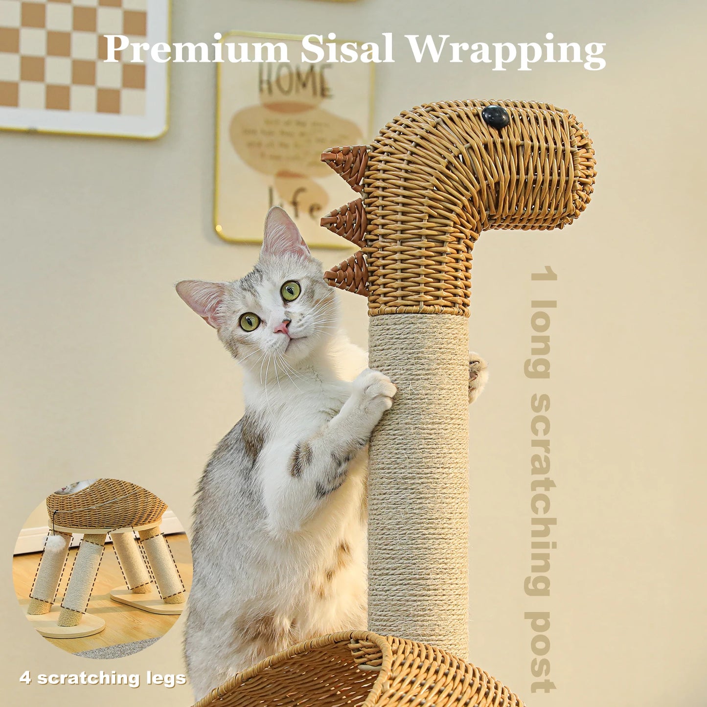 Dinosaur Cat Tree Tower with Rattan Condo & Toys