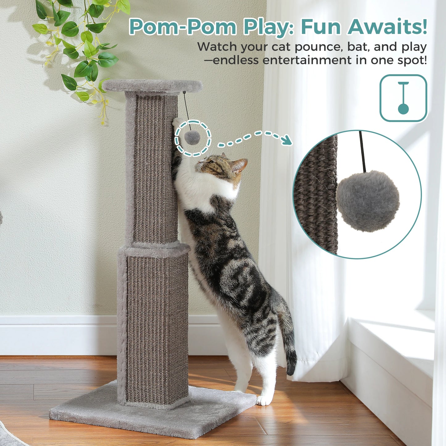 Tall Woven Sisal Cat Scratching Post with Dangling Ball
