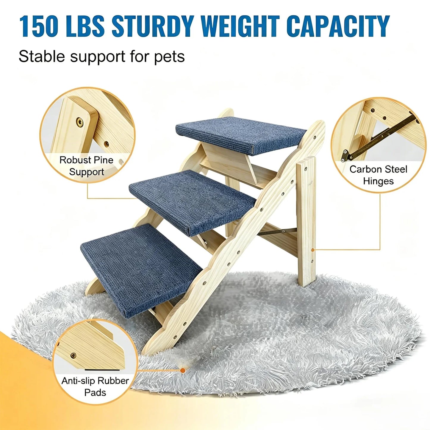 2-in-1 Wooden Pet Stairs & Folding Dog Ramp – Anti-Slip 3 or 4 Step Ladder for Dogs & Cats, Supports Up to 150 lbs