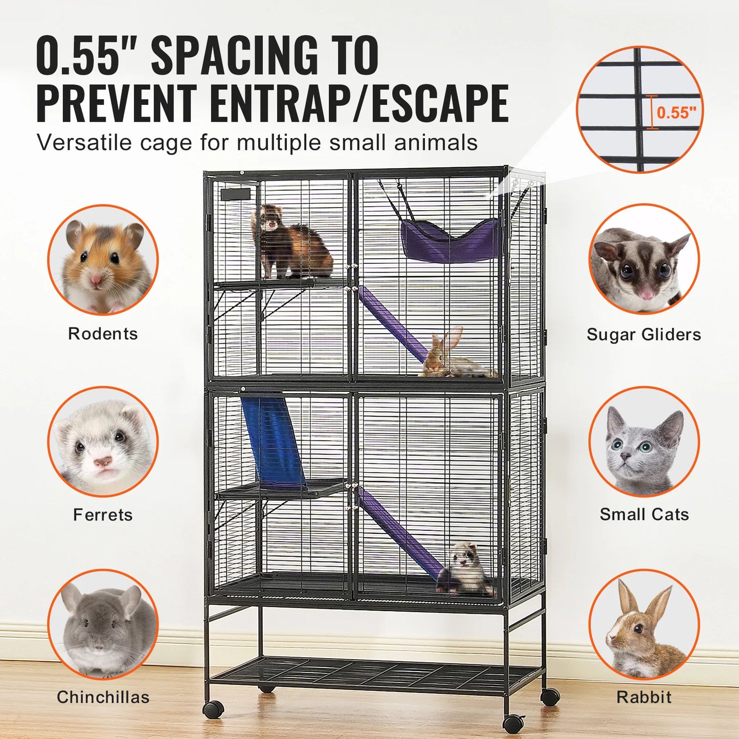 Large 4-Tier Rolling Metal Cage for Ferrets, Rats, Guinea Pigs & Small Animals – 64.6"