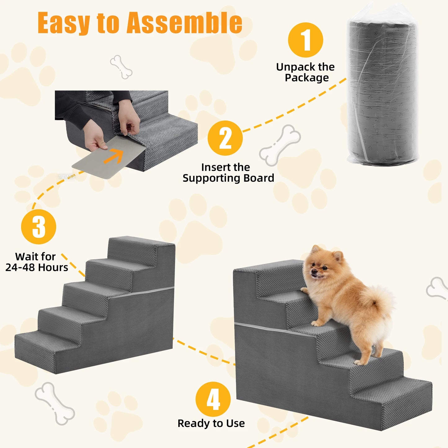 Foam Dog Stairs for Small Dogs – Non-Slip Indoor Pet Steps for Beds, Sofas & Couches, 3, 4 or 5 Step
