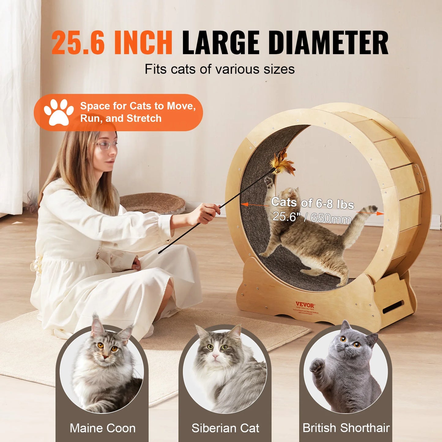 Cat Exercise Wheel – Silent Running Treadmill with Natural Wood & Detachable Carpet