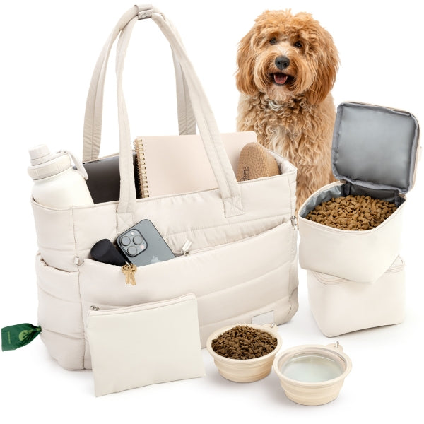 Puffer Dog Travel Bag for Dog Moms – Stylish Quilted Nylon Tote with Collapsible Bowls & Organizer Pockets
