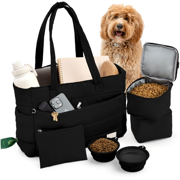 Puffer Dog Travel Bag for Dog Moms – Stylish Quilted Nylon Tote with Collapsible Bowls & Organizer Pockets