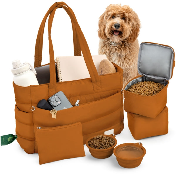 Puffer Dog Travel Bag for Dog Moms – Stylish Quilted Nylon Tote with Collapsible Bowls & Organizer Pockets