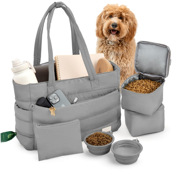 Puffer Dog Travel Bag for Dog Moms – Stylish Quilted Nylon Tote with Collapsible Bowls & Organizer Pockets