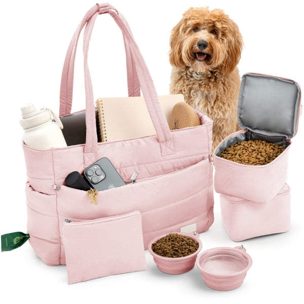 Puffer Dog Travel Bag for Dog Moms – Stylish Quilted Nylon Tote with Collapsible Bowls & Organizer Pockets